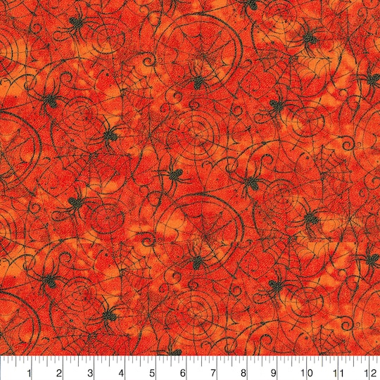 Fabric Traditions Halloween Orange Glitter Spider Web Home D&#xE9;cor Fabric